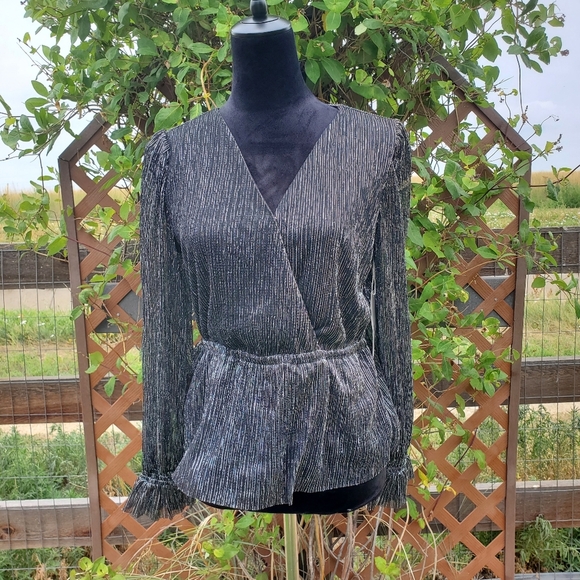 NWT Worthington Women's V-Neck Black and Silver Striped Peplum Blouse Size Small - Picture 9 of 17